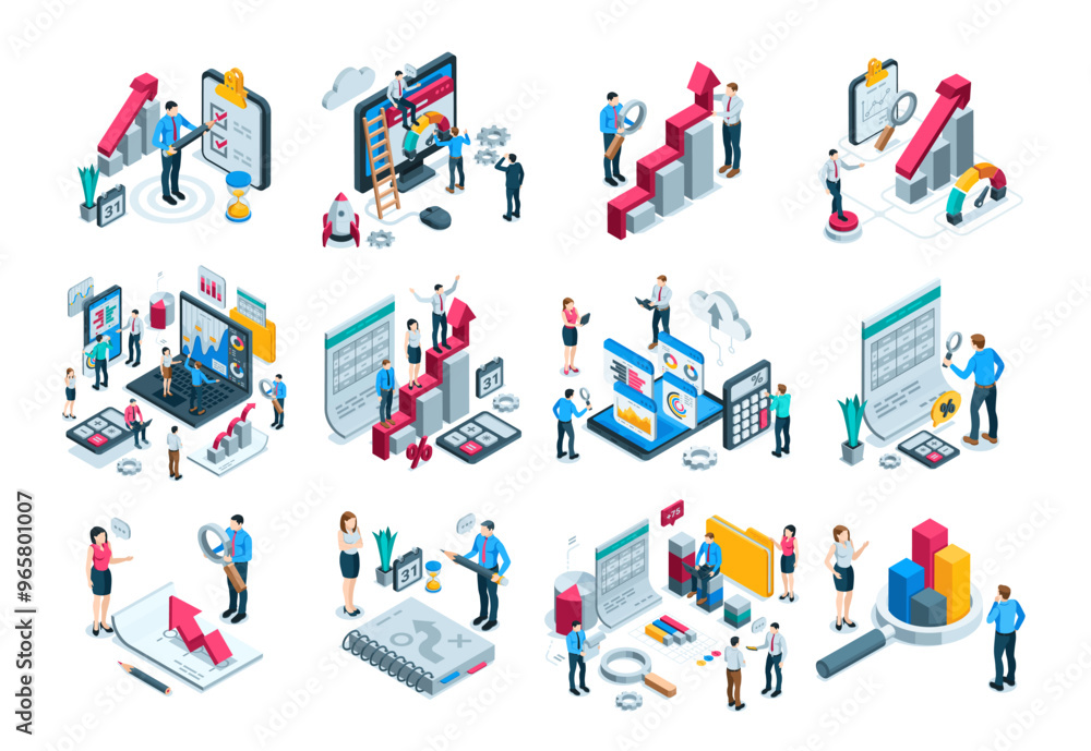 Poster isometric vector set of business people working with charts and diagrams and documents, in color on 