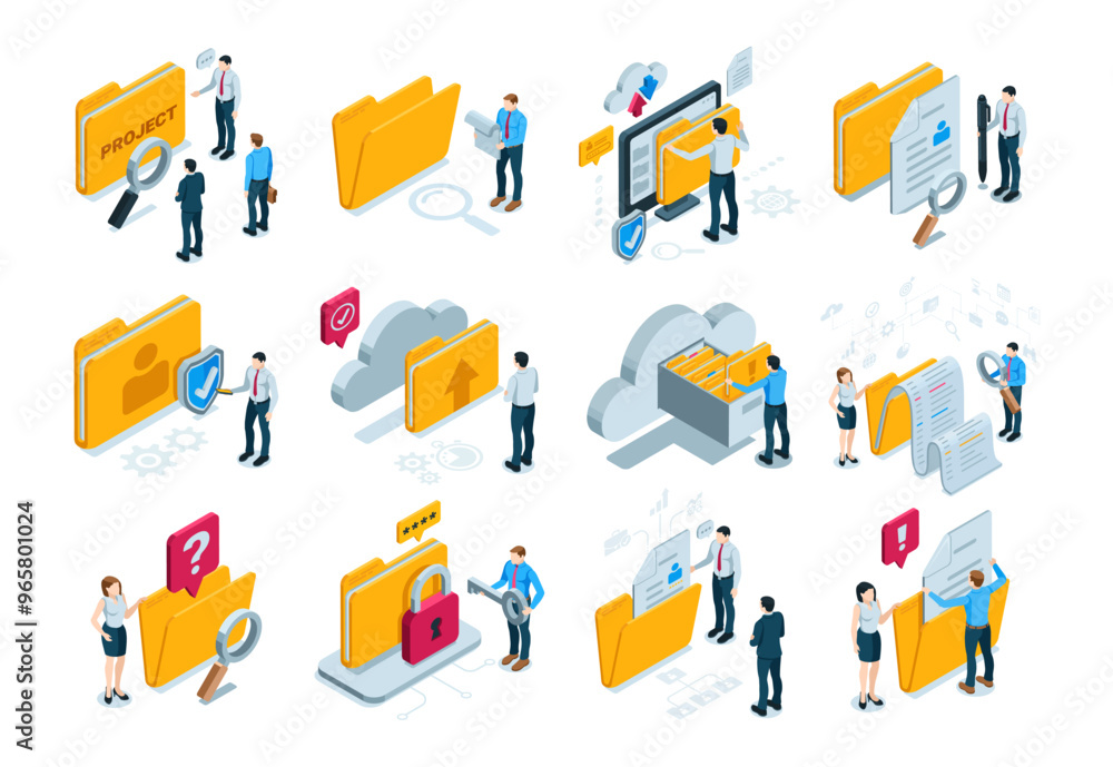 Aufkleber isometric vector set of business people working with folders and documents, in color on white backgr
