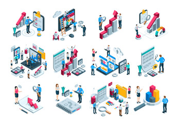 isometric vector set of business people working with charts and diagrams and documents, in color on white background, work with statistical and financial data or success strategy