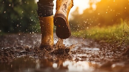 Person wearing rubber boots walking on wet muddy ground, close-up of boots, bright sunlit day, splashing water droplets, reflective puddles, earthy tones, outdoor adventure.