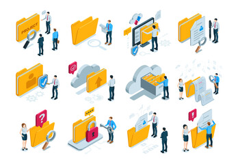isometric vector set of business people working with folders and documents, in color on white background, teamwork or working with documents and folders