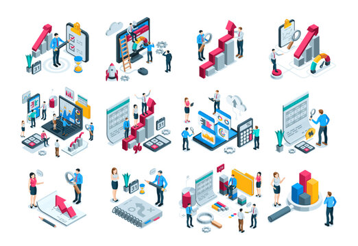 isometric vector set of business people working with charts and diagrams and documents, in color on white background, work with statistical and financial data or success strategy