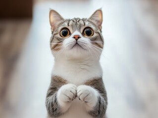 Fototapeta premium Adorable American Shorthair Cat Posing Playfully on Hind Legs, Sparkling Eyes and Soft Fur, Captured in Clear Focus