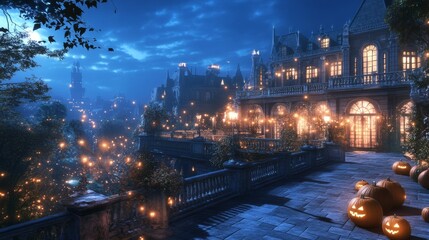 A grand pumpkin-lit garden party held on the rooftop of a gothic mansion