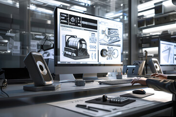 Fototapeta premium Virtual industrial designer creating 3D models of machinery, refining prototypes, sharing designs with engineers