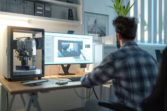 Virtual industrial designer creating 3D models of machinery, refining prototypes, sharing designs with engineers