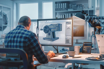 Virtual industrial designer creating 3D models of machinery, refining prototypes, sharing designs with engineers