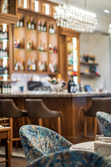 Interior of a .restaurant with tables and chairs