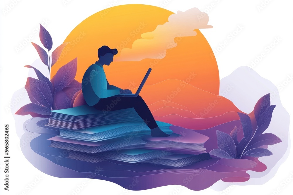 Aufkleber digital workload management - paper cut design of person on stack of files with laptop, remote work 