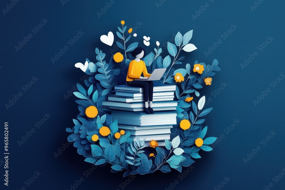 Poster digital work management in paper cut style - person on stack of files with laptop for remote project