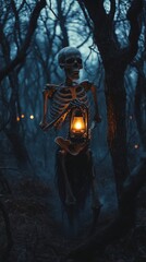 Fototapeta premium Skeleton Holding a Lantern Walking Through a Haunted Forest with Twisted Trees and Glowing Mist