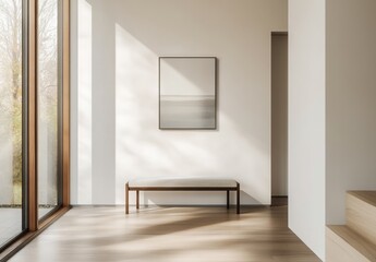 Minimalist entryway with clean lines, a simple bench, and a single piece of artwork on the wall