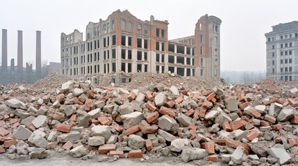 Natural light illuminates the interior of a war-damaged building, revealing the contrast between intact architectural details and extensive rubble on the floor