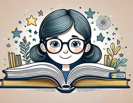 Whimsical World Book Day  icons in doodle style lightly detailed book, glasses, e reader outline, simple shelf, open book with stars, reading child