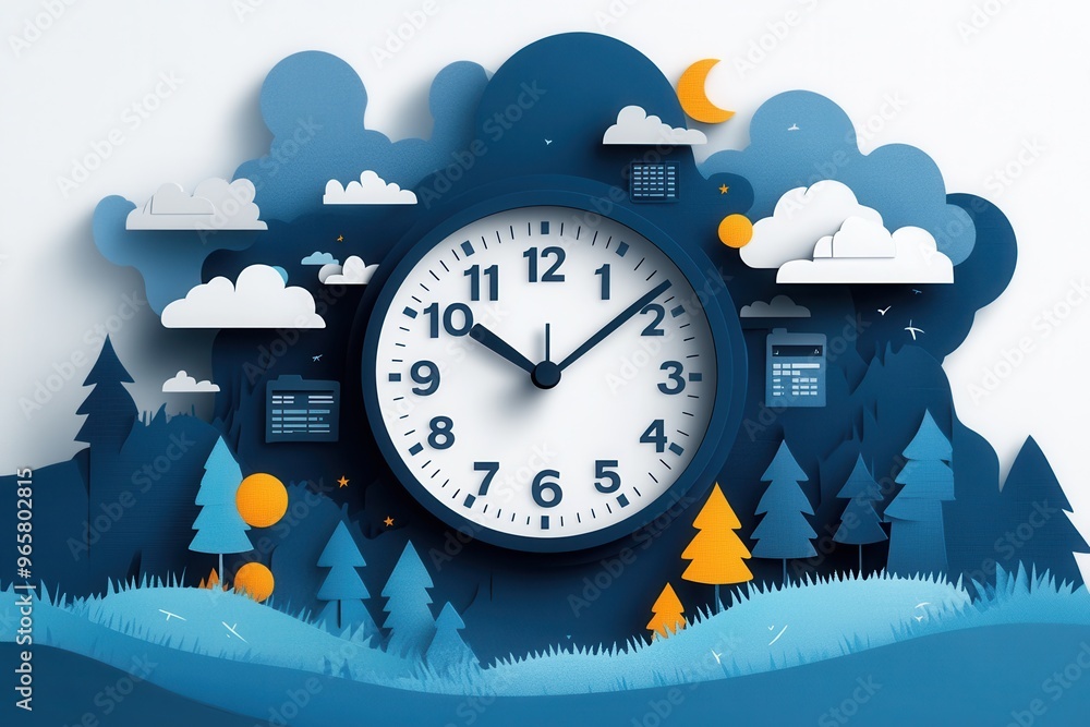 Aufkleber time tracking in remote work concept with paper cut digital clock surrounded by tasks and messages