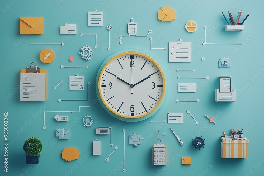 Poster paper cut style digital clock surrounded by work tasks and messages, remote work time tracking conce