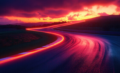 Naklejka premium Beautiful race track with glowing lines at sunset, wide angle. Racing background