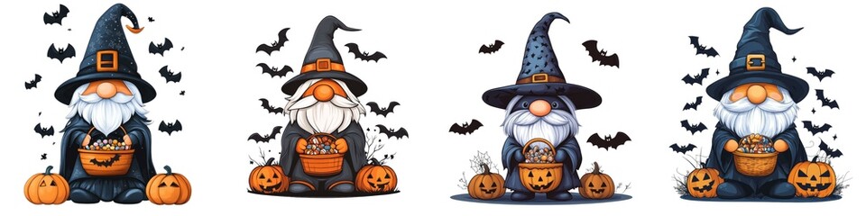 Obraz premium A charming set of whimsical wizards with pumpkins and bats, perfect for Halloween-themed designs and decorations.
