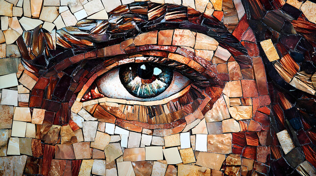 Jesus is everywhere, jesus is watching you, jesus christ face made of modern mosaic ceramic tiles, art work design of detailed god face. Mosaic. Illustration