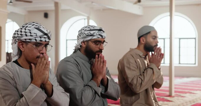 Blessing, mosque and pray with Muslim men in temple together for belief, faith or religion. Allah, hajj and ramadan kareem with Islam people in prayer for Eid Mubarak or holy commitment to tradition