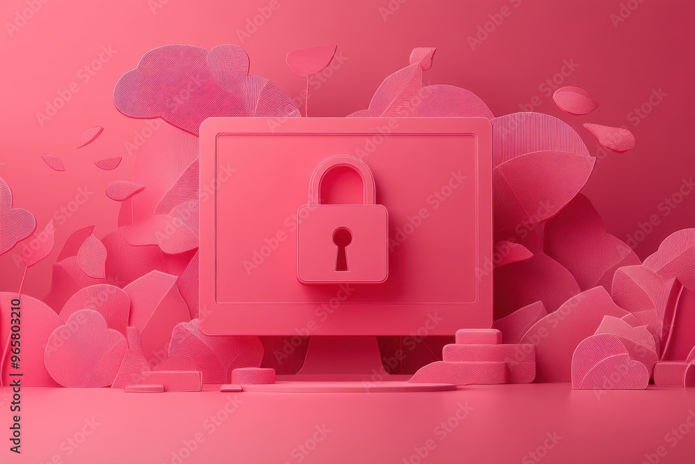 Poster secure cyber protection: paper cut padlock on computer screen symbolizing online security