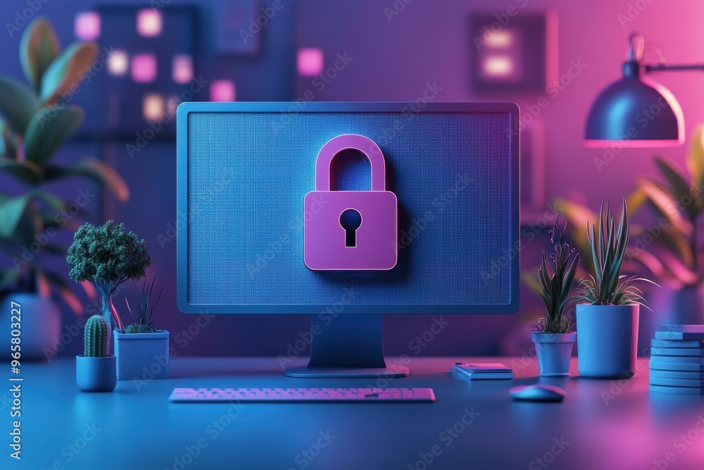 Poster secure cybersecurity protection concept - padlock in paper cut style on computer screen