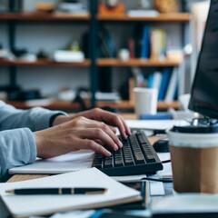 Photo of Hands Typing Quickly on a Keyboard with a Coffee Cup Nearby