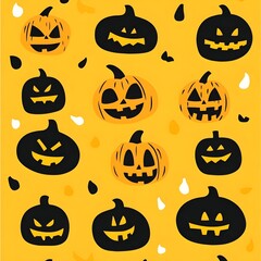 Seamless Halloween Pumpkin Faces Pattern with Leaves - Spooky and Fun Design for wallpaper, postcard, wrapping paper