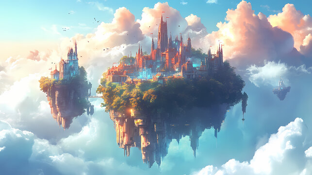 Landscape floating island city in cloud sky fantasy light beautiful. Floating Islands. Illustration