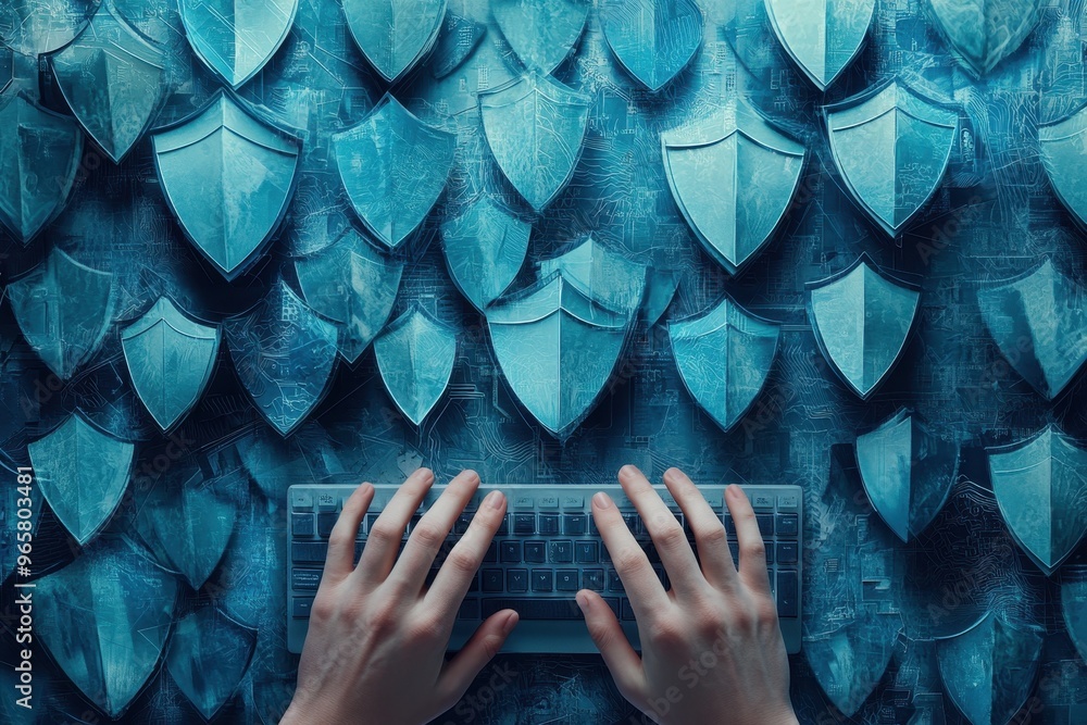 Poster cybersecurity business practices - paper cut hands typing with digital shields