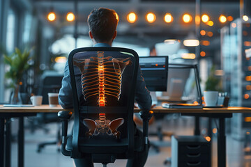 Person sitting upright in ergonomic office chair, lumbar support pillow, relaxed and comfortable posture