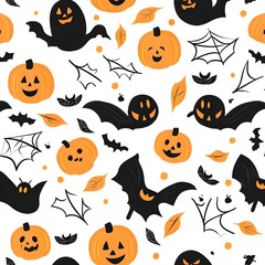 Fototapeta premium Halloween seamless cute pattern with bats, pumpkins, jack-o-lanterns, spider webs, ghosts, etc. on white background for Wallpaper, postcard, wrapping paper