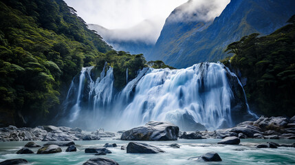 beautiful waterfall cascading into a river with rocks