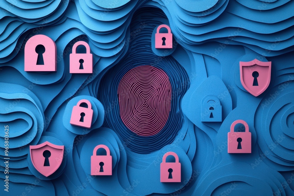 Poster digital fingerprint security concept in paper cut style with locks and shields
