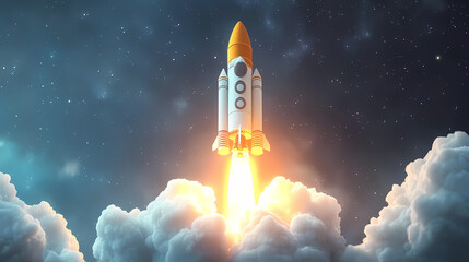 Launching new product or service. technology development process. space rocket launch. 3d render. 3D Render. Illustration
