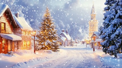Fototapeta premium A snowy street with a church in the background