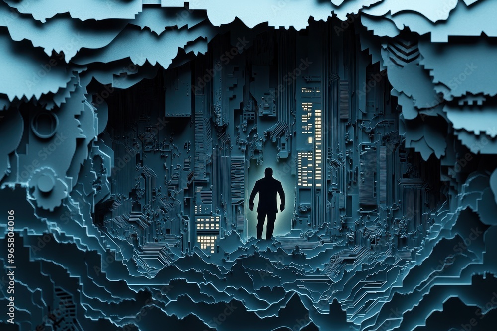 Poster cyber security concept in paper cut style - hacker stopped by digital firewall symbolizing defense a
