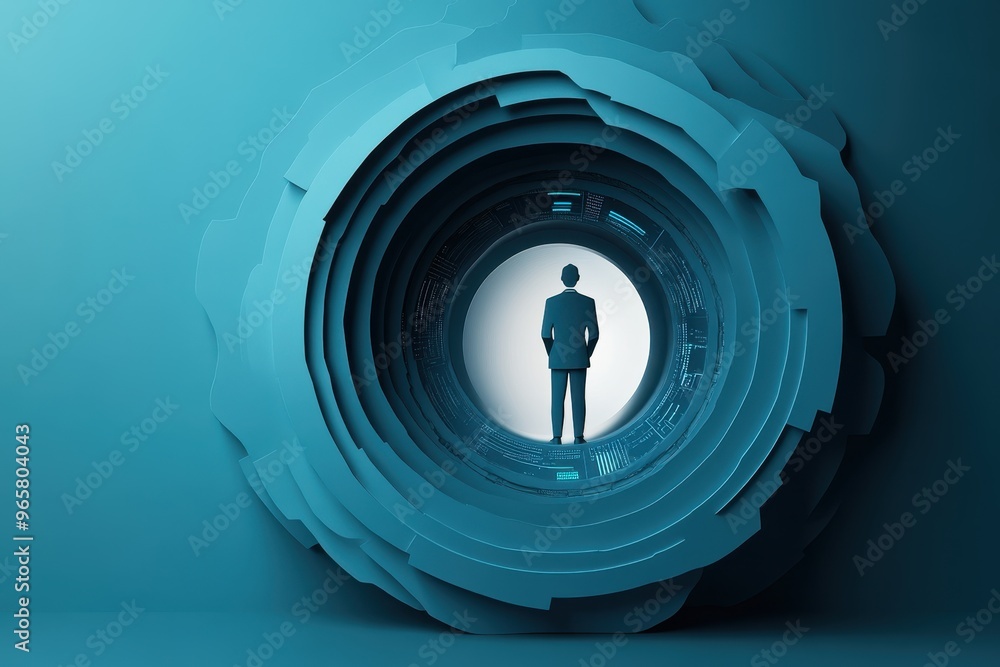 Poster secure data storage concept: paper cut businessperson in front of digital vault symbolizing data sec