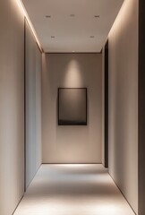 Fototapeta premium Minimalist hallway with clean walls, a single piece of artwork, and subtle lighting
