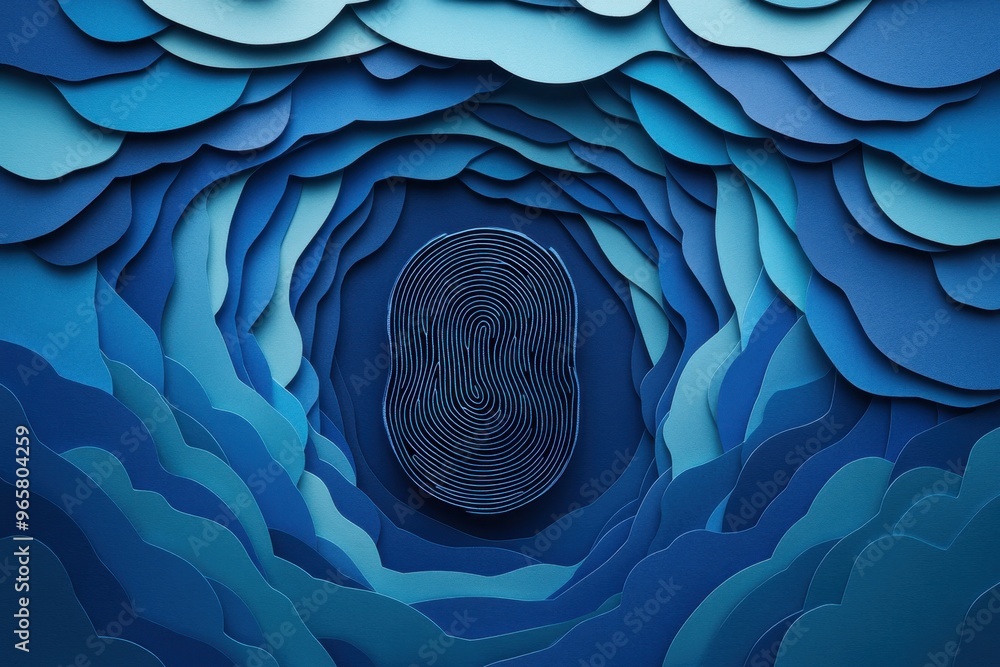 Poster cybersecurity concept: digital fingerprint unlocking secure vault in paper cut style