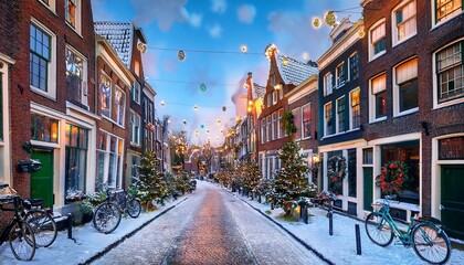 A quaint, snow-covered Dutch street in the heart of Amsterdam.