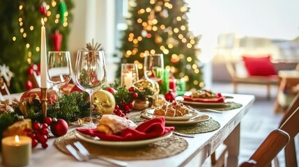 A dining table with a christmas tree in the background
