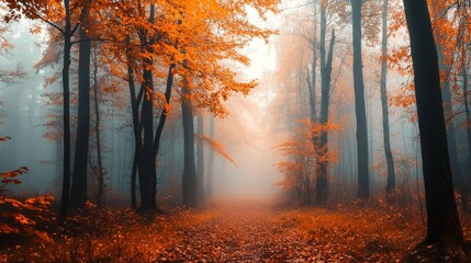 Obraz premium Misty autumn forest with trees wrapped in morning fog, leaves shining in soft light.
