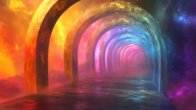 Magical archways in a spectrum of vibrant hues, acting as portals to a fantastical parallel universe. Parallel Universe. Illustration