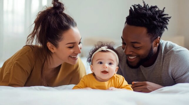 A tender moment captured with mixed-race parents and their baby lying on a bed, all smiling with warmth and love.
