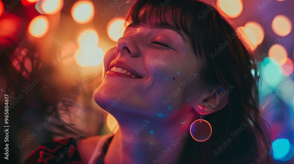 Sticker Joyful woman with neon earrings grooving at a party, surrounded by dynamic lights