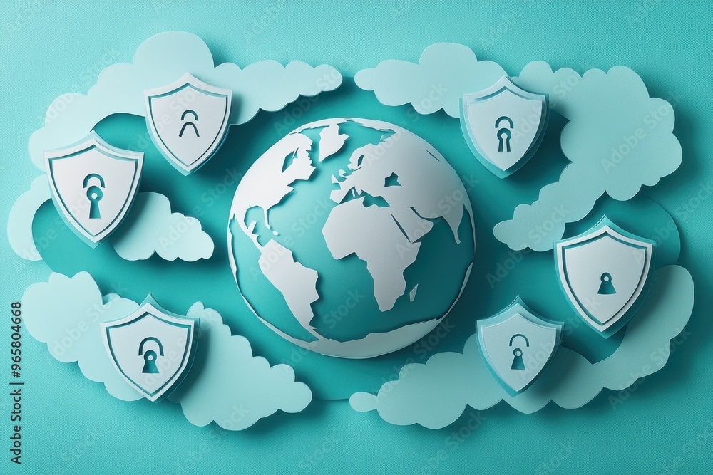 Poster global cybersecurity network: paper cut globe with interconnected locks and shields