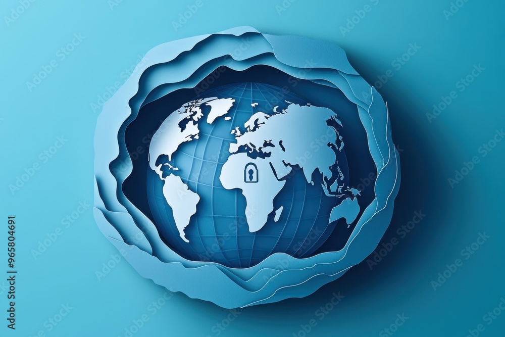 Aufkleber global cybersecurity concept in paper cut style with interconnected locks and shields