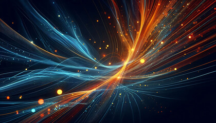 Fototapeta premium Abstract dynamic flowing lines in vibrant orange blue hues composition evokes a feeling of motion and light suggesting a digital or futuristic theme against a dark background