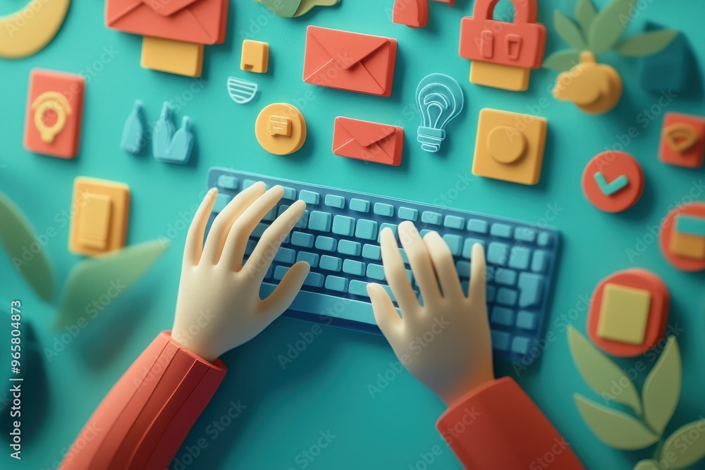 Poster secure cyber workspace - paper cut person typing on keyboard surrounded by security icons in papercu